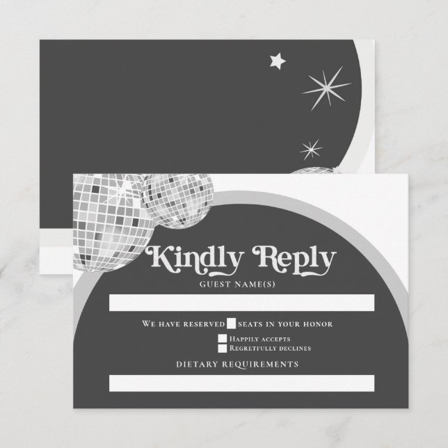 Cartão RSVP Casamento de Cinza Negra de Disco com Gótico Retro (Frente/Verso)