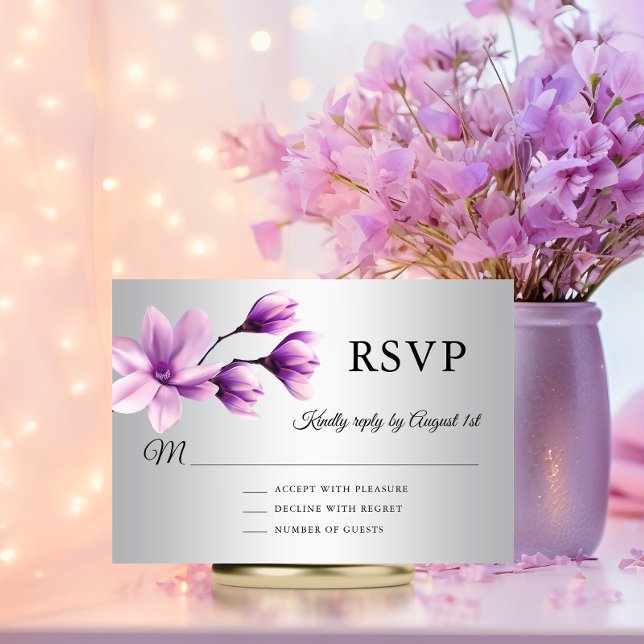 Cartão RSVP Casamento de Cinzas de Lavanda Roxo-Floral (Watercolor Magnolia Flower Purple Lavender Grey Wedding RSVP Card)