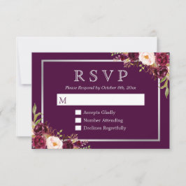 Cartão RSVP Casamento de Cinzas de Prata Floral Plum Purple RS