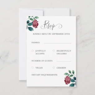 Cartão RSVP Casamento de Cinzas de Rosas de Borgonha com Códig