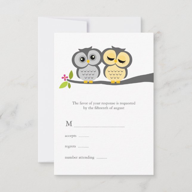 Cartão RSVP Casamento de cinzas e Corujas Amarelas (Frente)