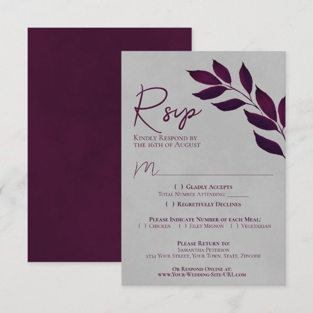 Cartão RSVP Casamento de Cinzas e Roxos (Frente/Verso)