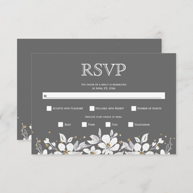 Cartão RSVP Casamento de cinzas florais e de joias brancas (Frente/Verso)