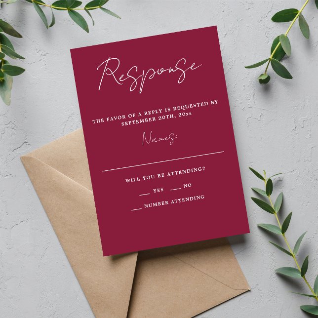 Cartão RSVP Casamento de Clarete Mínimo de Script Simplicity 3 (Criador carregado)