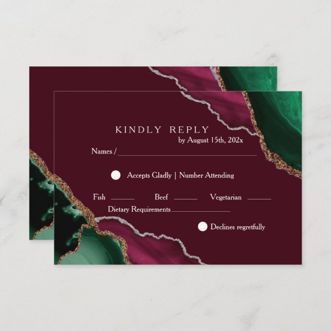Cartão RSVP Casamento de Clássicos Modernos com Borgonha Verde (Frente/Verso)