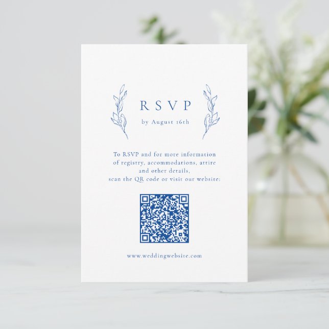 Cartão RSVP Casamento de código de QR botânico de elegância az (Em pé/Frente)