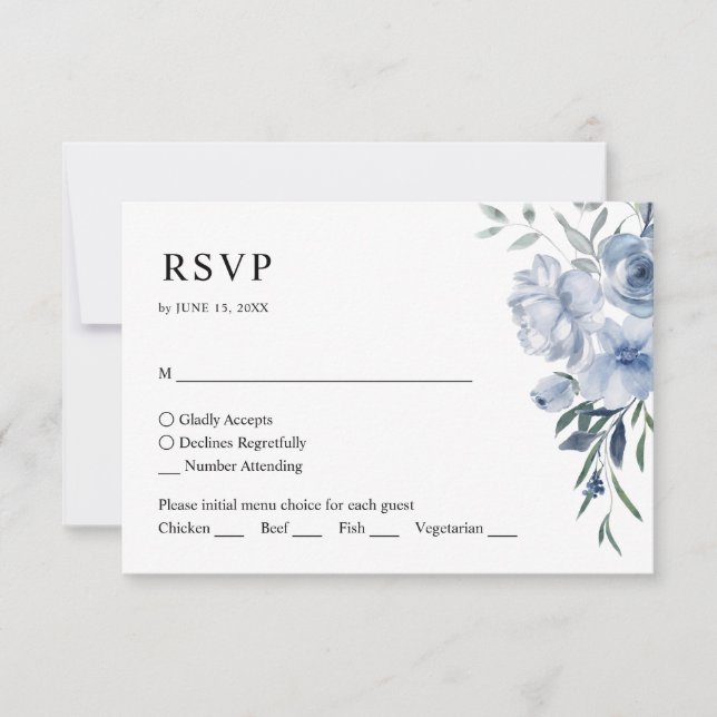 Cartão RSVP Casamento de Código QR Azul com Dureza Floral Simp (Frente)