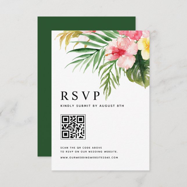 Cartão RSVP Casamento de Código QR das Flores Tropicais de Aqu (Frente/Verso)