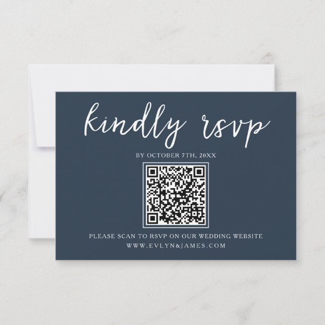 Cartão RSVP Casamento de Código QR de Caligrafia Azul Elegante (Frente)