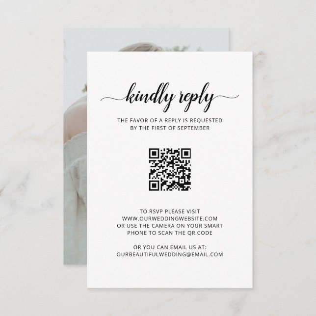 Cartão RSVP Casamento de Código QR de Foto de Script Elegante  (Frente/Verso)