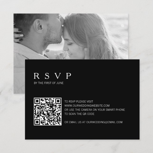 Cartão RSVP Casamento de Código QR de Foto Preta Simples Moder (Frente/Verso)