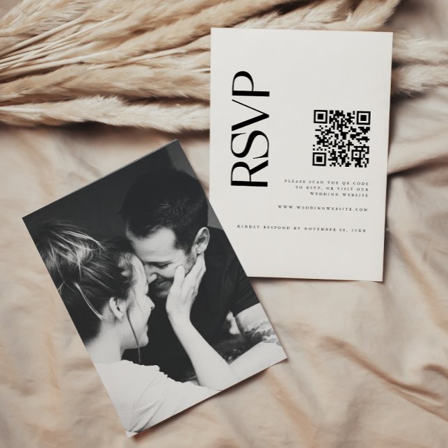 Cartão RSVP Casamento de Código QR de Foto Preto e Branco Mode (Criador carregado)