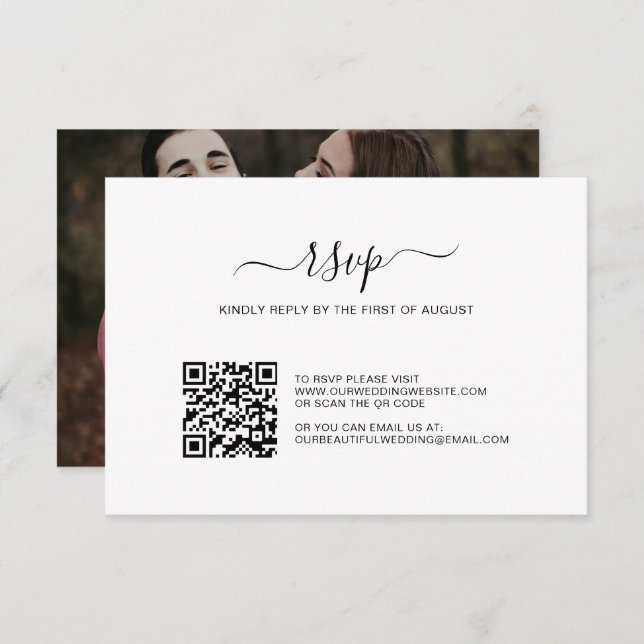 Cartão RSVP Casamento de Código QR de Foto Simples Preto e Bra (Frente/Verso)