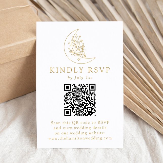Cartão RSVP Casamento de Código QR de Lua Dourada Elegante e E (Criador carregado)