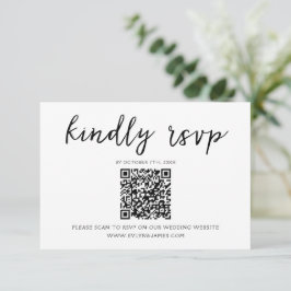 Cartão RSVP Casamento de Código QR de Script Branco e Preto El