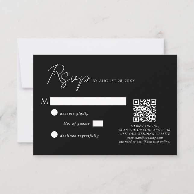 Cartão RSVP Casamento de Código QR de Script Branco Simples Pr (Frente)