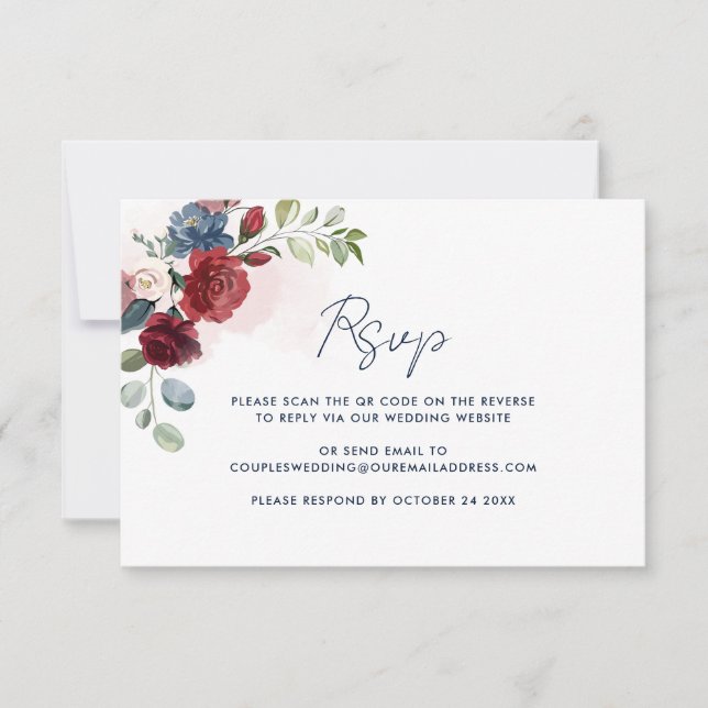 Cartão RSVP Casamento de Código QR de Script de Aquarela Flora (Frente)