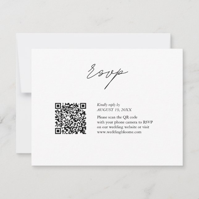Cartão RSVP Casamento de código QR de script preto e branco (Frente)
