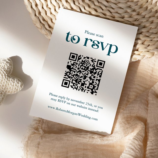 Cartão RSVP Casamento de Código QR de Teal Profundo Moderno (Criador carregado)