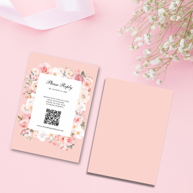 Cartão RSVP Casamento de Código QR do Quadro Rosa Rosa com Ros (Criador carregado)
