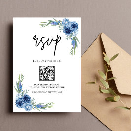 Cartão RSVP Casamento de Código QR Floral Azul e Bonito