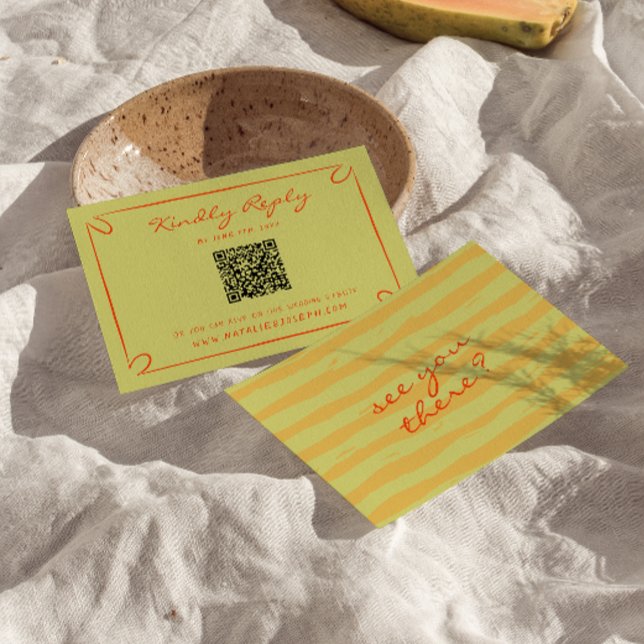 Cartão RSVP Casamento de Código QR Imísico com Pinstripes Escr (Criador carregado)