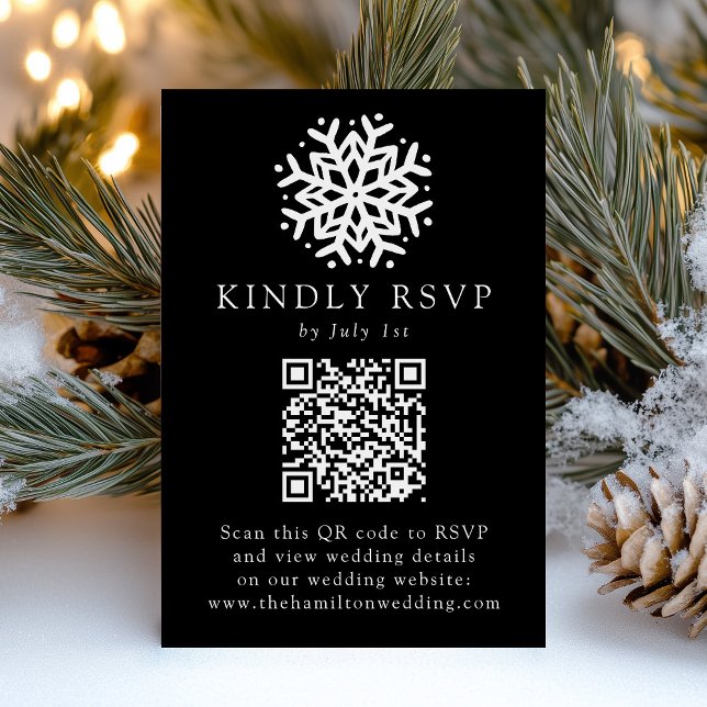 Cartão RSVP Casamento de Código QR Preto com Floco de Neve Sim (Criador carregado)