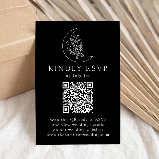 Cartão RSVP Casamento de Código QR Preto da Lua Elegante e Est (Criador carregado)