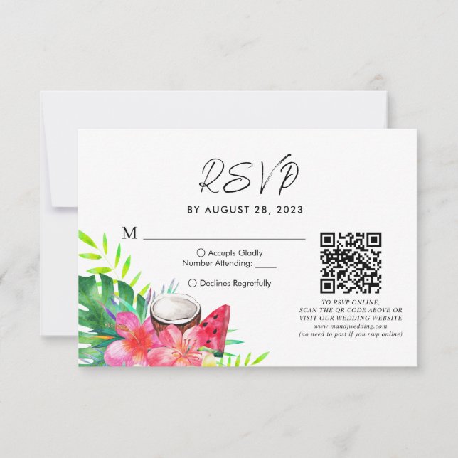 Cartão RSVP Casamento De Código QR Tropical Havaiana Floral Rs (Frente)