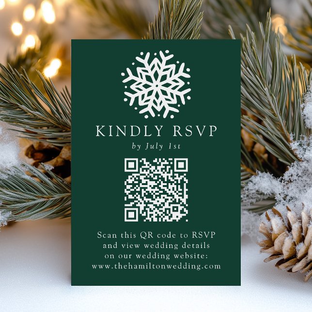 Cartão RSVP Casamento de Código QR Verde Simples Floco de Neve (Criador carregado)