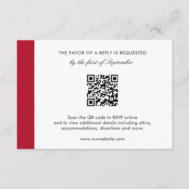 Cartão RSVP Casamento de Código QR Vermelho Elegante Moderno M (Frente)