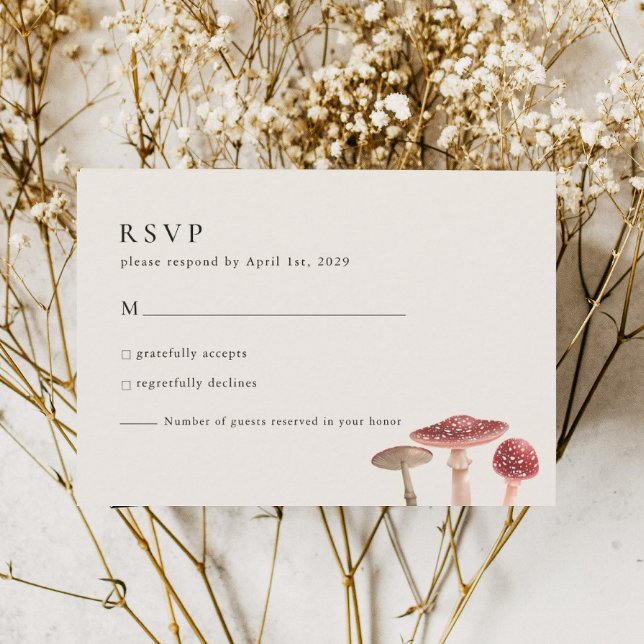 Cartão RSVP Casamento de Cogumelo Vermelho Elegante Woodland G (Criador carregado)