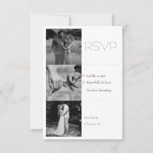 Cartão RSVP Casamento de Colagem Mínima de Fotos Preto e Branc
