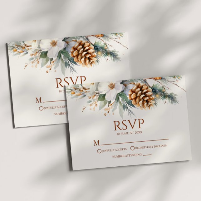 Cartão RSVP Casamento de Cone de Árvore Floral de Inverno (Criador carregado)