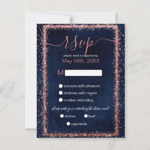 Cartão RSVP Casamento de Confetti Dourado com Rosa Azul-marinh