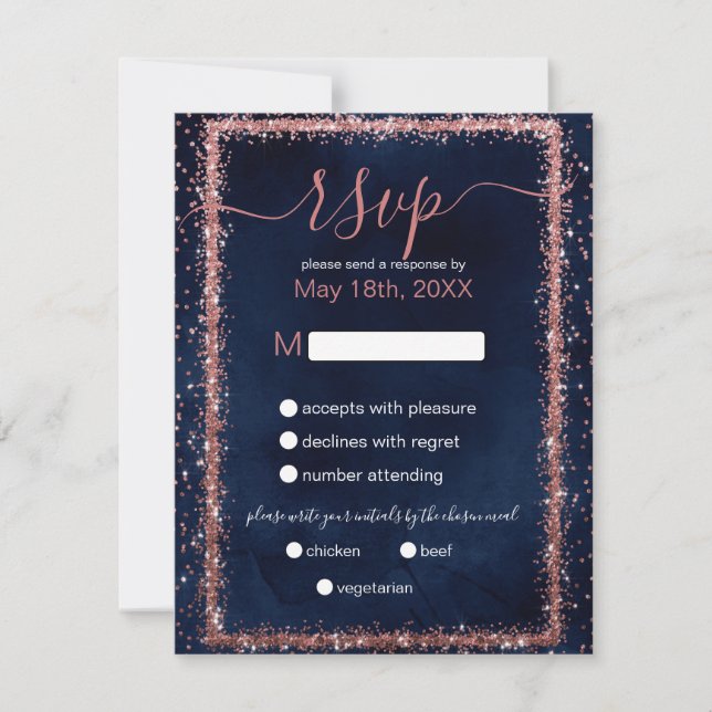 Cartão RSVP Casamento de Confetti Dourado com Rosa Azul-marinh (Frente)