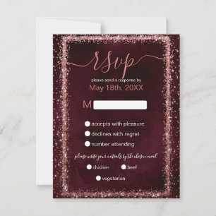 Cartão RSVP Casamento de Confetti Dourado e Rosa Burgundy