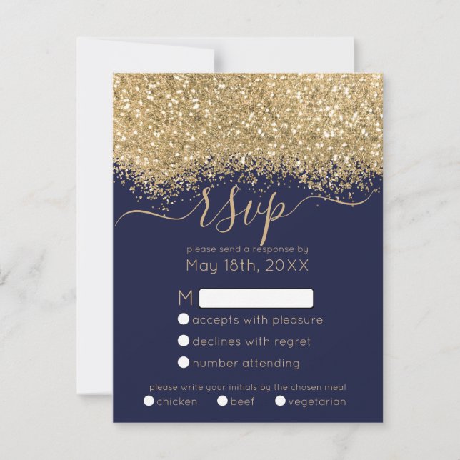 Cartão RSVP Casamento de Confetti, Dourado Marinho de luxo mod (Frente)