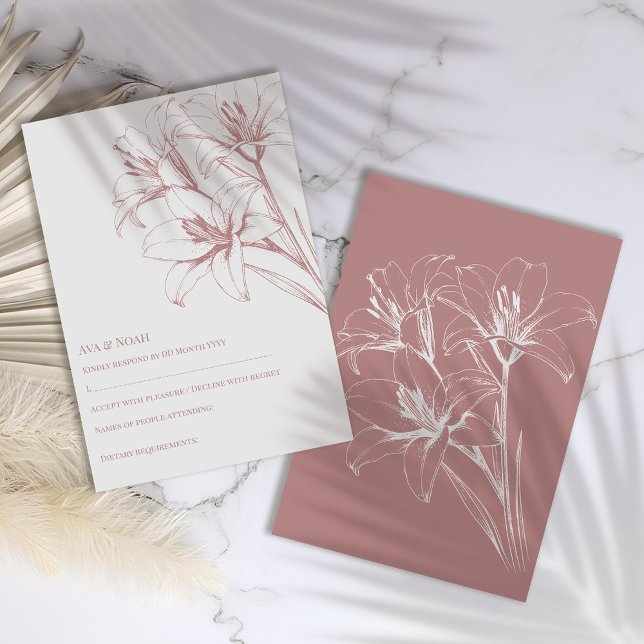 Cartão RSVP Casamento de Contorno de Lily Rosa (Criador carregado)