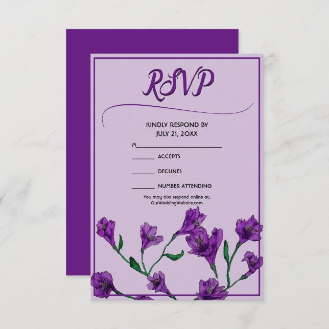 Cartão RSVP Casamento de Cor de Água Floral Púrpura (Frente/Verso)