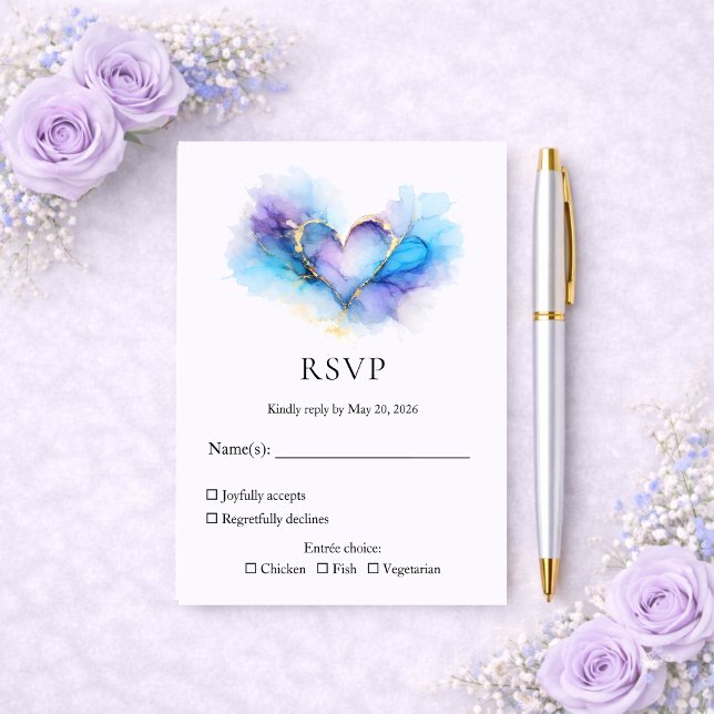 Cartão RSVP Casamento de Coração Abstrato Azul Roxo Dourado RS (Criador carregado)