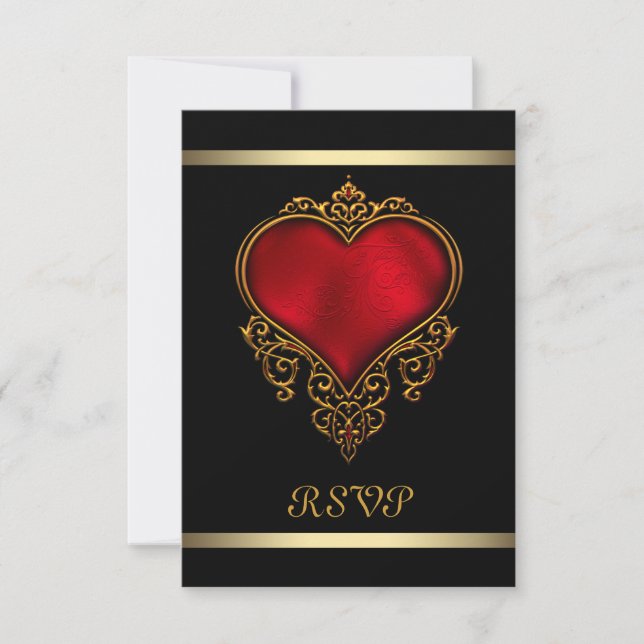 Cartão RSVP Casamento de Coração Vermelho Negro (Frente)