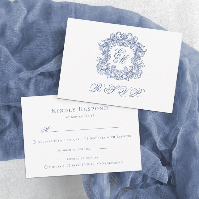 Cartão RSVP Casamento de Crest do Monograma Azul Elegante (Criador carregado)