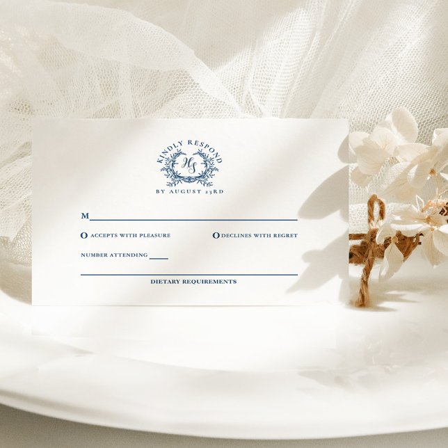 Cartão RSVP Casamento de Crest do Monograma Azure Azure Blue (Criador carregado)