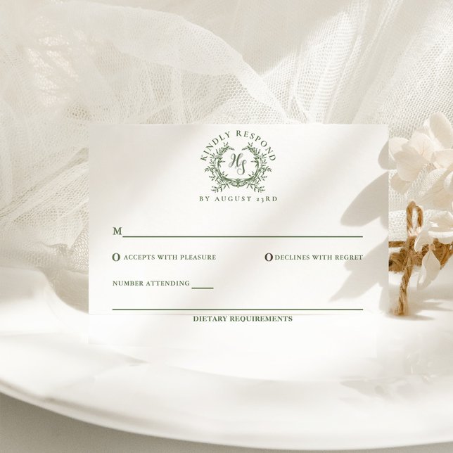 Cartão RSVP Casamento de Crest do Monograma Verde da Elegante  (Criador carregado)