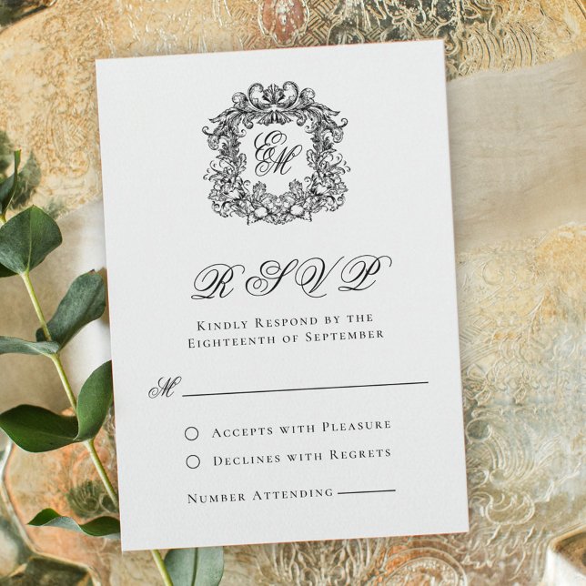 Cartão RSVP Casamento de Crest Monograma de Script Elegante (Criador carregado)