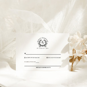 Cartão RSVP Casamento de Crest. Monograma Preto/Branco Elegant
