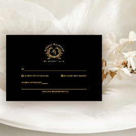 Cartão RSVP Casamento de Crest. Monograma Preto/Dourado Elegan