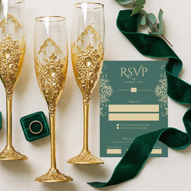 Cartão RSVP Casamento de Crest. Vintage com Verdes (Old Money Emerald Green Wedding RSVP Card)