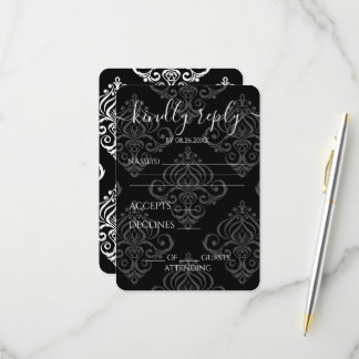 Cartão RSVP Casamento de Damasco Preto e Branco Personalizado